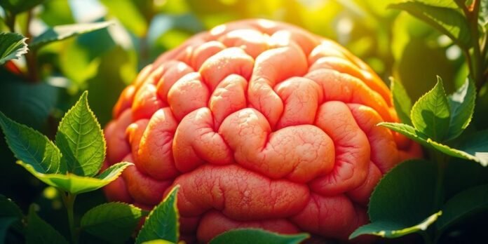 Colorful brain surrounded by green leaves and sunlight.