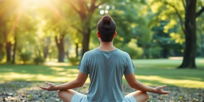 Person meditating in nature, promoting digital detox and wellness.