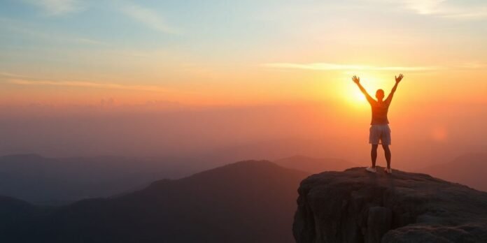 Person celebrating at sunrise, embodying motivation and positivity.