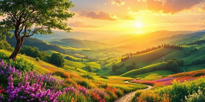 A peaceful sunrise over a lush green valley.