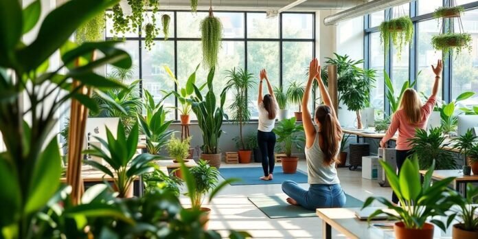 Bright office with plants and people practicing wellness activities.