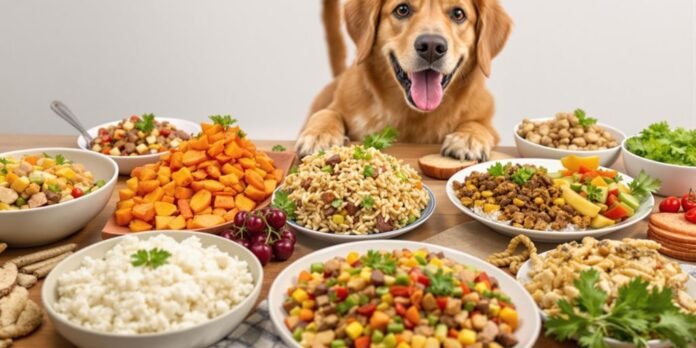 Homemade dog food served with fresh ingredients and a dog.