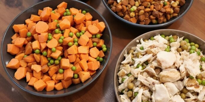 colorful grain-free dog food on a wooden table