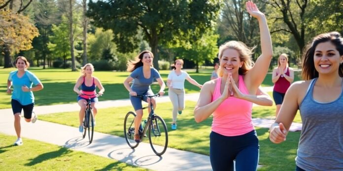 People exercising outdoors in a sunny park setting.