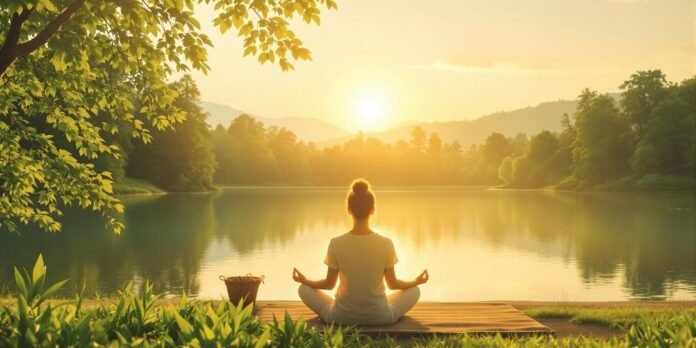 Person meditating by a peaceful lake at sunrise.