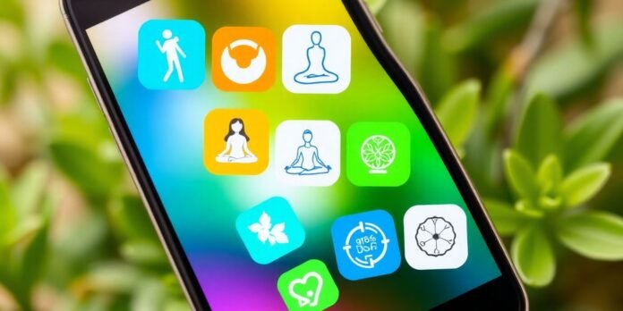 Smartphone displaying wellness app icons in a serene setting.