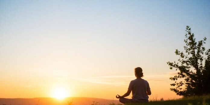 Person meditating in a serene natural landscape at sunrise.