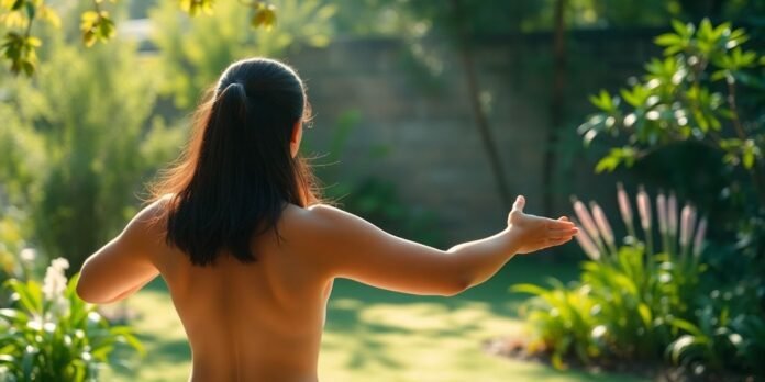 Person doing yoga in a peaceful outdoor setting.