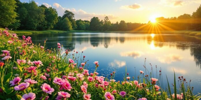 Tranquil sunset over a calm lake and greenery.