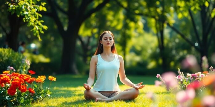 Person meditating in a green park with flowers.