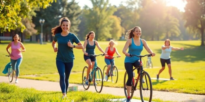 People exercising outdoors in a healthy lifestyle scene.