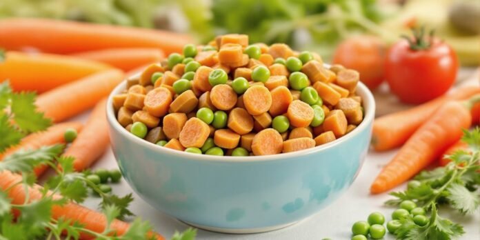 Bowl of colorful dog food with fresh vegetables around it.