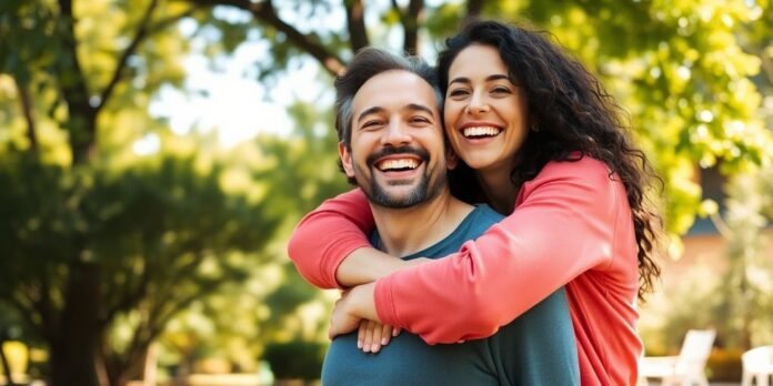 Happy couple embracing in a sunlit park.