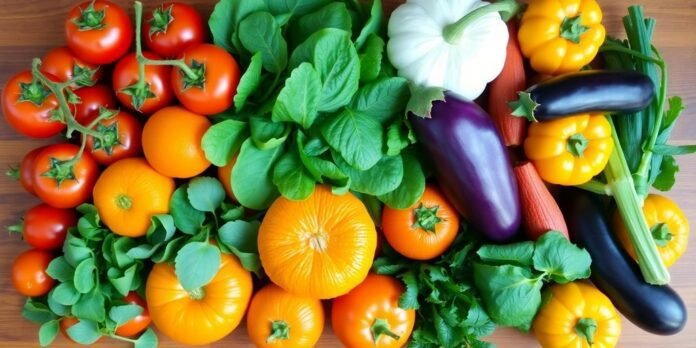 Colorful fruits and vegetables on a wooden table.