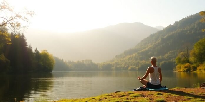 Person meditating by a tranquil lake in nature.