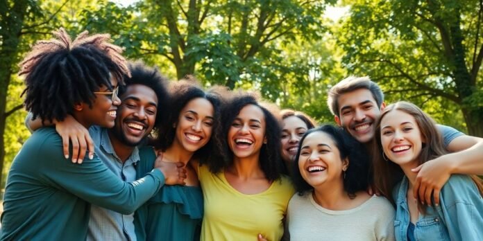 Group of friends joyfully embracing in a sunny park.