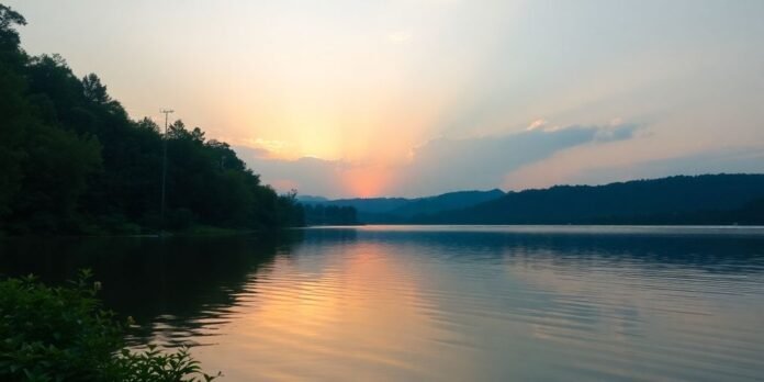 Serene landscape of a sunrise over a calm lake.