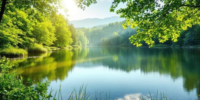 Peaceful landscape with a calm lake and greenery.