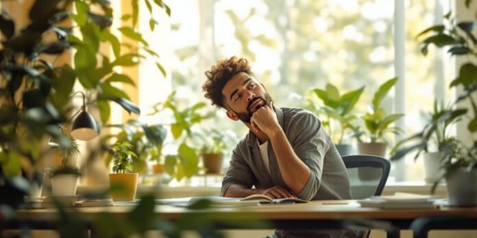 Business leader in a tranquil workspace for mental health.