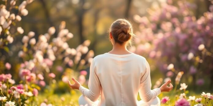 Person meditating in nature, surrounded by flowers and sunlight.