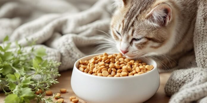 Cat eating soft, homemade food in a cozy setting.