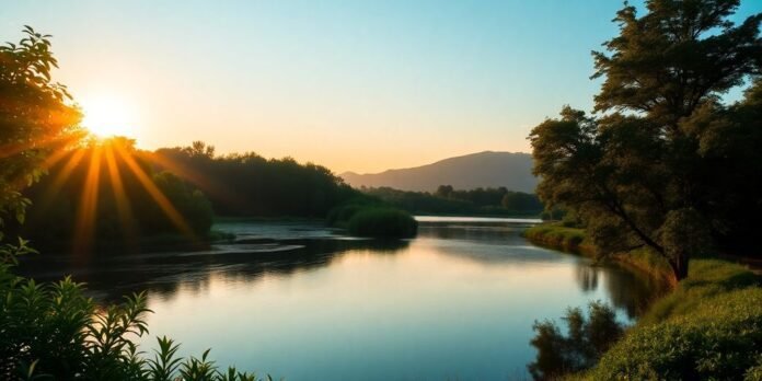 A tranquil nature scene with greenery and calm water.