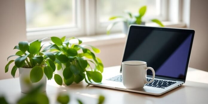 A peaceful workspace with a laptop and plants.