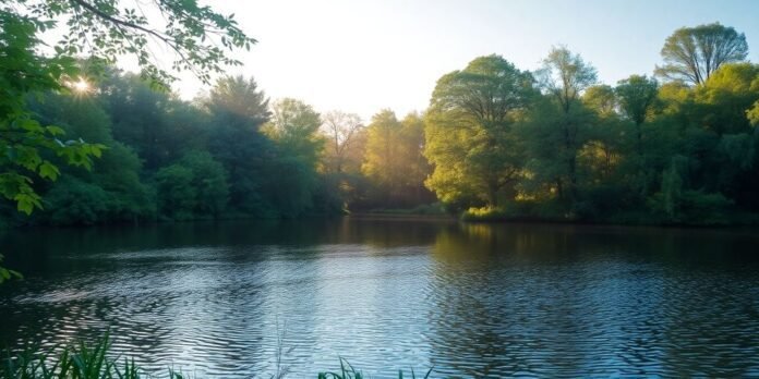 Tranquil lake surrounded by greenery under soft sunlight.